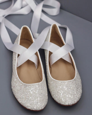 White Glitter Flats with Satin TiesWomen Shoes