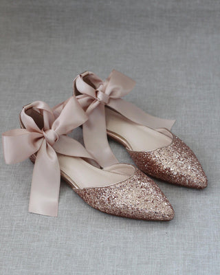Rock Glitter Pointy Toe Flats with Blush Satin Ankle Tie or Ballerina Lace UpWomen Shoes