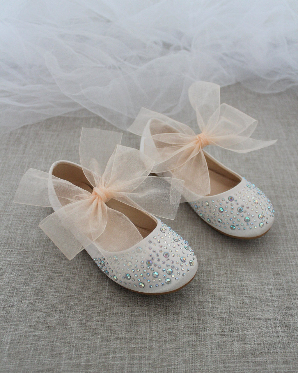 Satin Mary Jane Girls Flats with Embellishment and Chiffon Bow