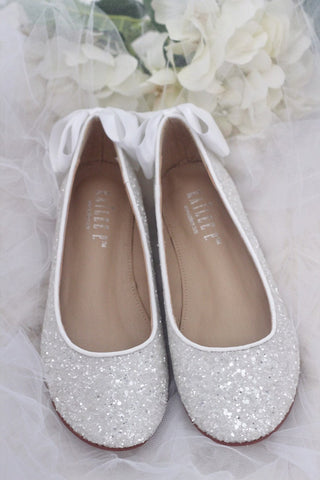 White Glitter Round Toe Flats with BowWomen Shoes