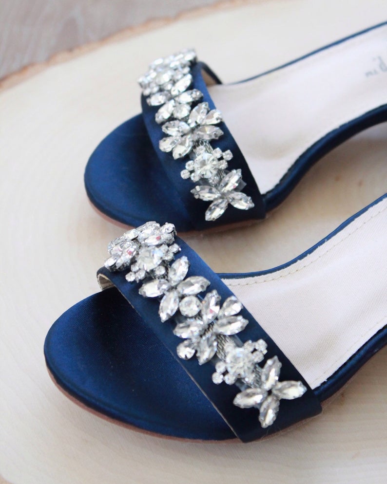 Navy Satin Block Heel Sandals With FLORAL RHINESTONES on Upper Strap, Women  Sandals, Flower Girls Shoes, Holiday Shoes, Something Blue -  Canada