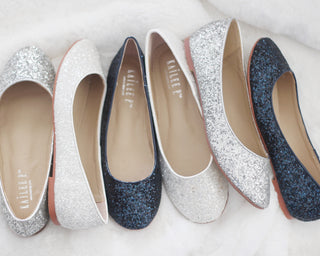 White Glitter Round Toe Flats Wedding ShoesWomen Shoes