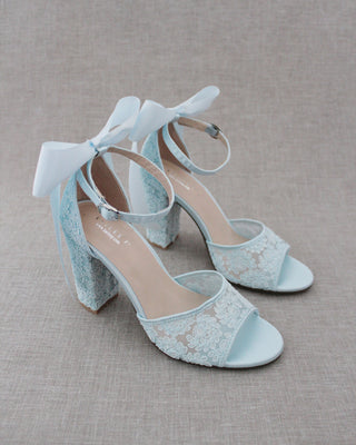 Crochet Lace Block Heel Sandals with Satin Back BowWomen Shoes