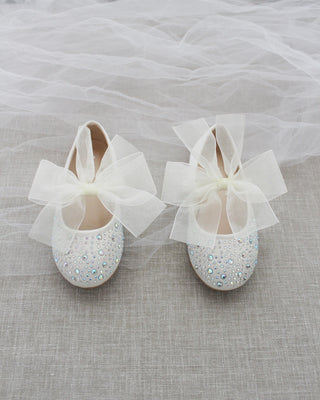 Satin Mary Jane Flats With Rhinestones Embellishment and Chiffon BowKids Shoes