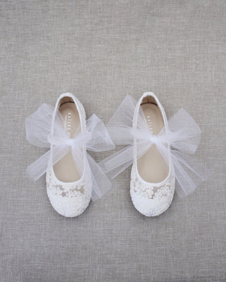 Crochet Lace Mary Jane Flats with Tulle BowKids Shoes
