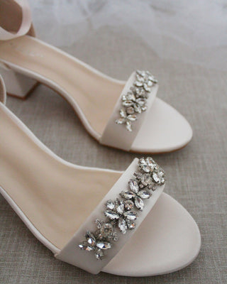 Satin Block Heel Sandals with Floral RhinestonesWomen Shoes