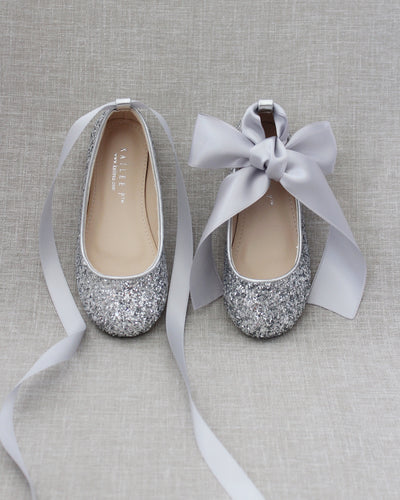 Silver Glitter Girls Flats with Ribbon Ties