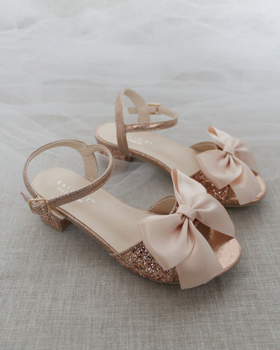 Rose Gold Glitter Girls Block Heel Sandals with Bow
