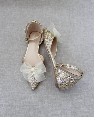 Rock Glitter Pointy Toe Flats with Ankle Strap and Organza BowWomen Shoes