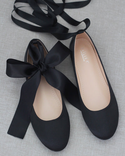 Black Satin Flats with Satin Laces