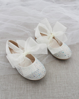 Satin Mary Jane Flats With Rhinestones Embellishment and Chiffon BowKids Shoes