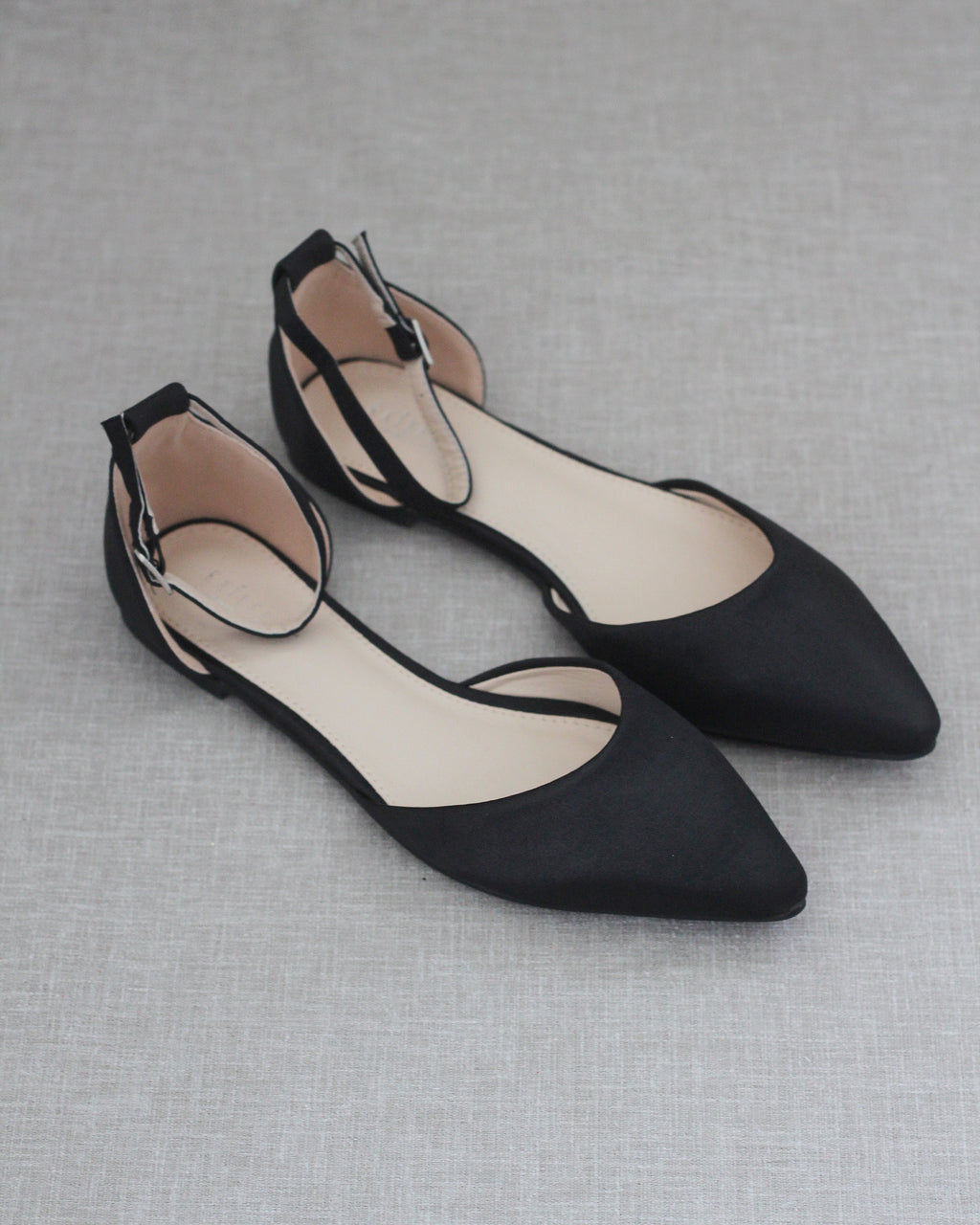 Black Satin Flats with Ankle Strap Wedding Shoes, Bridesmaids Shoes