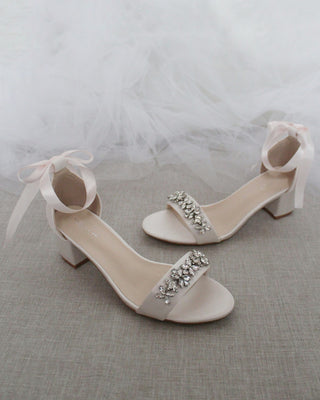 Satin Block Heel Sandals with Floral RhinestonesWomen Shoes