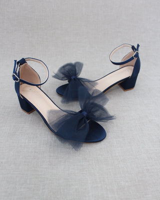 Satin Block Heel Sandal with Front Oversized Tulle BowWomen Shoes