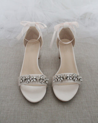 Satin Block Heel Sandals with Floral RhinestonesWomen Shoes