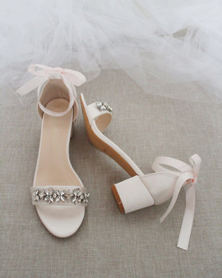Satin Block Heel Sandals with Floral RhinestonesWomen Shoes