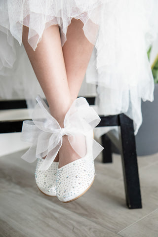Satin Mary Jane Flats With Rhinestones Embellishment & White Chiffon BowKids Shoes