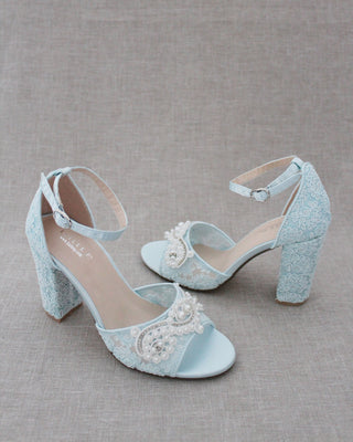 Crochet Lace Block Heel Sandals with Small Pearls AppliqueWomen Shoes