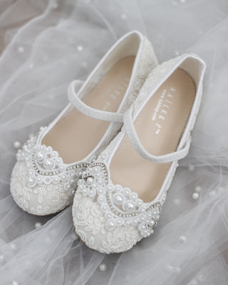 Crochet Lace Mary Jane Flats with Small Pearls AppliqueKids Shoes