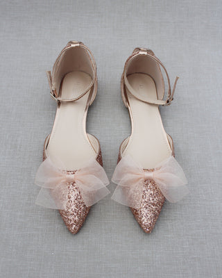 Rock Glitter Pointy Toe Flats with Organza BowWomen Shoes