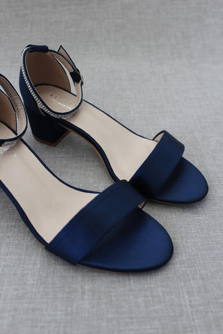 Satin Block Heel Sandals with Mini Rhinestones Embellished Ankle StrapWomen Shoes