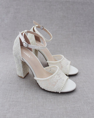 Crochet Lace Block Heel Sandals with Mini PearlsWomen Shoes