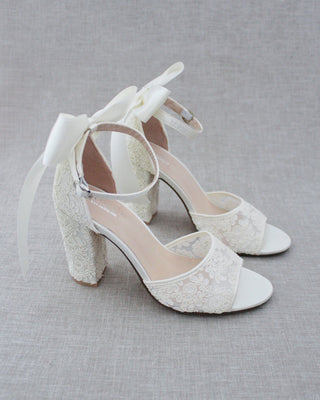 Crochet Lace Block Heel Sandals with Satin Back BowWomen Shoes