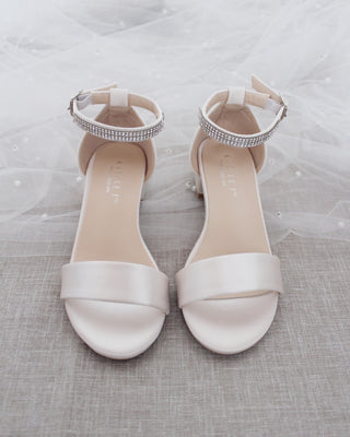 Satin Girls Block Heel Sandals with Mini Rhinestones Embellished Ankle StrapKids Shoes