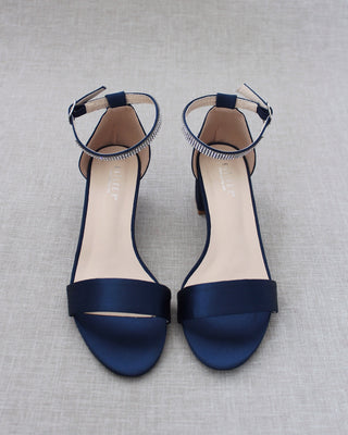 Satin Block Heel Sandals with Mini Rhinestones Embellished Ankle StrapWomen Shoes