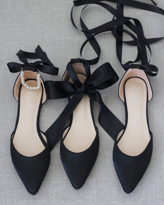Satin Pointy Toe Flats with Satin Ankle Tie or Ballerina Lace UpWomen Shoes