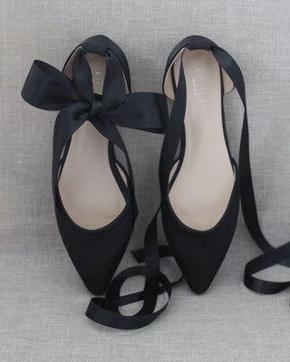Satin Pointy Toe Flats with Satin Ankle Tie or Ballerina Lace UpWomen Shoes