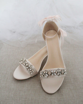 Satin Block Heel Sandals with Floral RhinestonesWomen Shoes