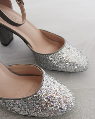 Rock Glitter Block Heel with Back Satin BowWomen Shoes