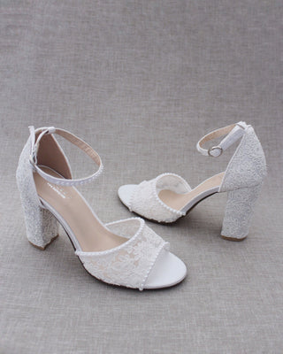 Crochet Lace Block Heel Sandals with Mini PearlsWomen Shoes