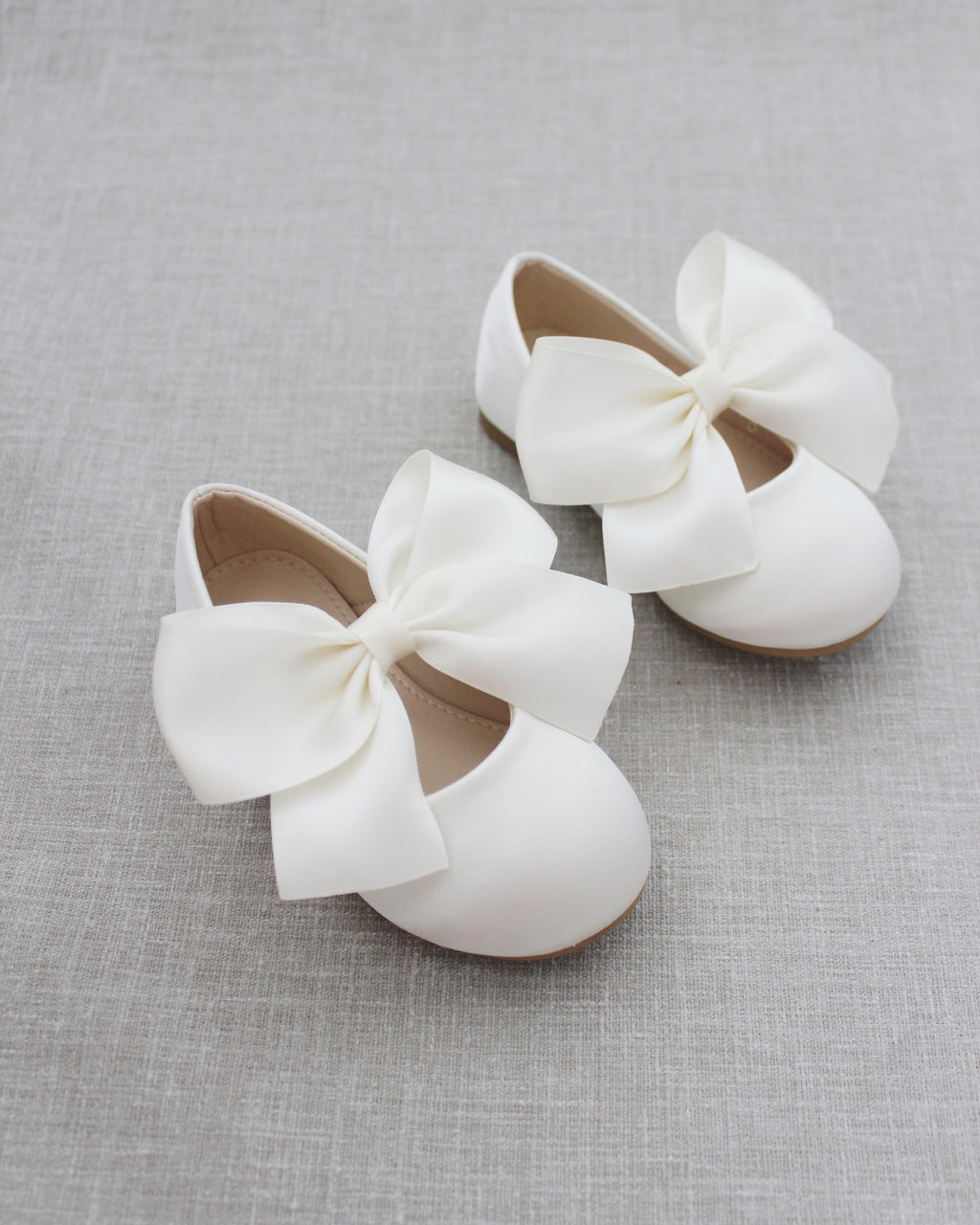 Ivory Satin Mary Jane Flats with Satin Bow, Flower Girls Shoes