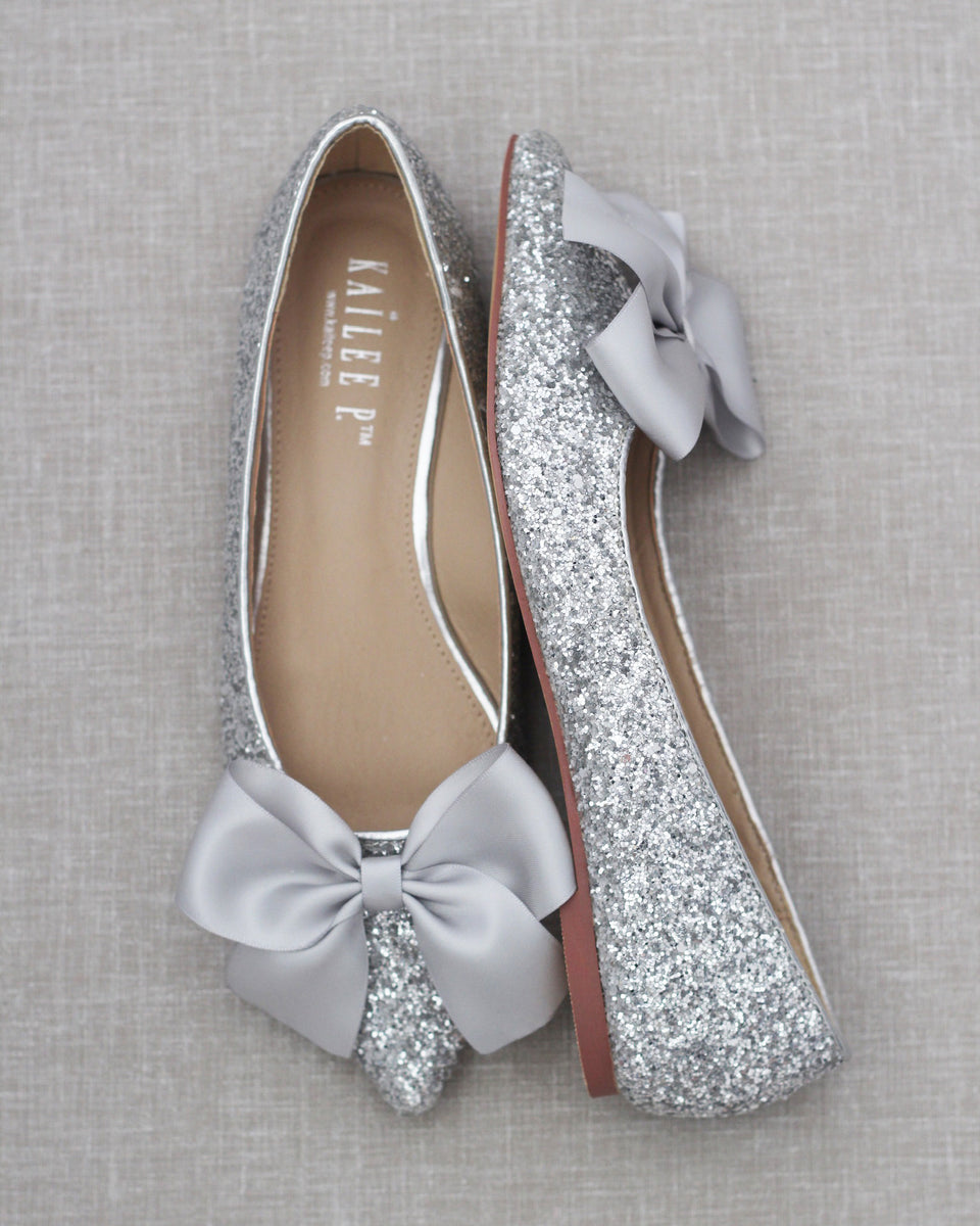 Silver Pointy Toe Glitter Flats with Bow Bridesmaid Shoes Prom Shoes
