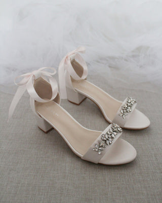 Satin Block Heel Sandals with Floral RhinestonesWomen Shoes