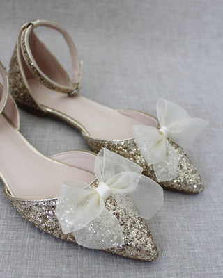 Rock Glitter Pointy Toe Flats with Ankle Strap and Organza BowWomen Shoes