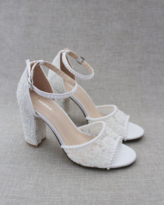 Crochet Lace Block Heel Sandals with Mini PearlsWomen Shoes