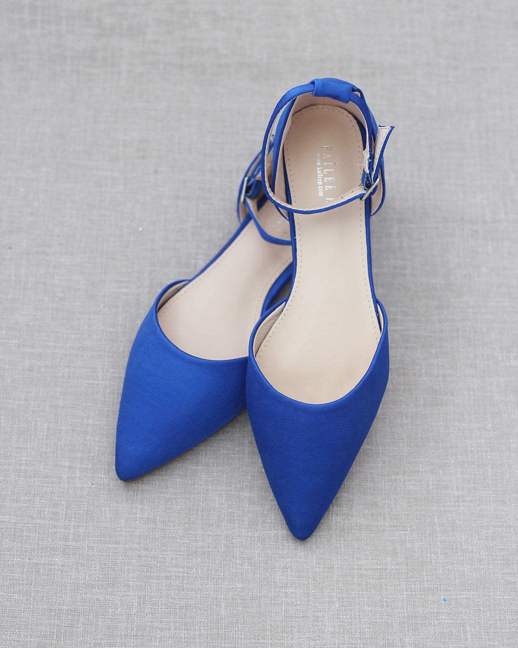 Royal Blue Satin Pointy Toe Bridesmaids Flats with Ankle Strap Royal Blue Satin Pointy Toe Bridesmaids Flats with Ankle Strap