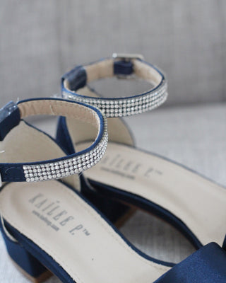 Satin Girls Block Heel Sandals with Mini Rhinestones Embellished Ankle StrapKids Shoes
