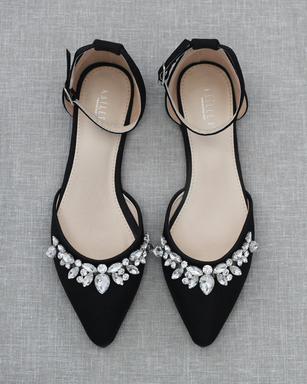 Satin Pointy Toe Flats with Teardrop Rhinestones Embellishments