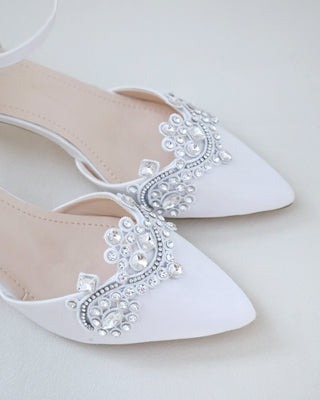white bridal low heels with rhinestones embellishments