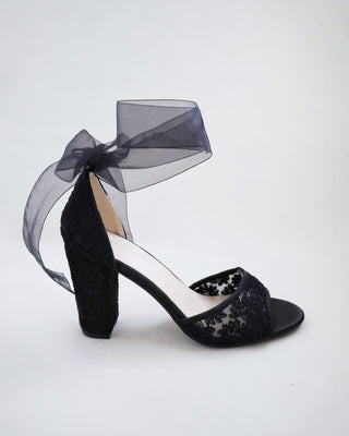 Black Crochet Lace Block Heel Evening Sandals with Wrapped Ribbon TieWomen Shoes