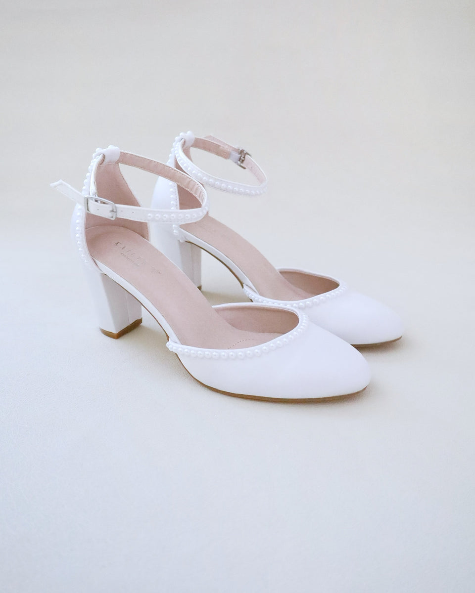White Satin Block Heel with Mini Pearls - Bridal Shoes, Bridesmaids ...