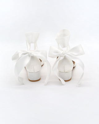 Satin Pointy Toe Low Block Heels Wedding Shoes with Wrapped Ribbon Tie