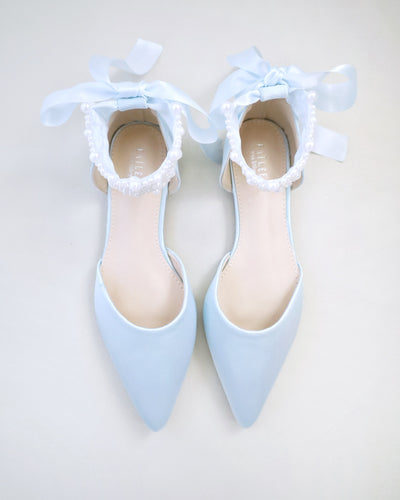 Light Blue Satin Bridal Flats with Perla Applique Ankle Strap