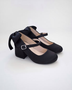Girls Satin Mary Jane Block Heel with Back Satin Bow
