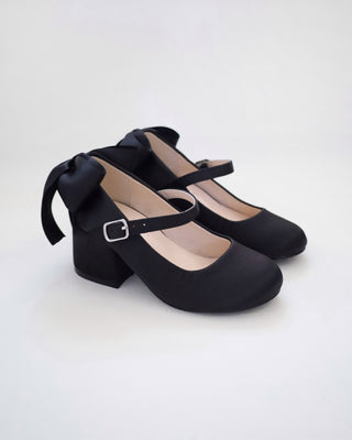 Girls Satin Mary Jane Block Heel with Back Satin Bow