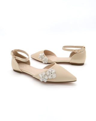 Satin Pointy Toe Evening Flats with Rhinestones Chassia Flower